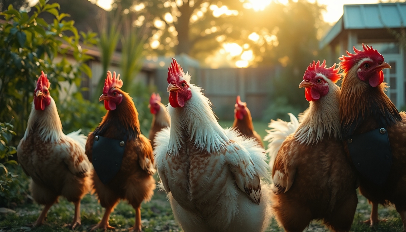a group of chicken in heavy metal clothes headbanging in the garden