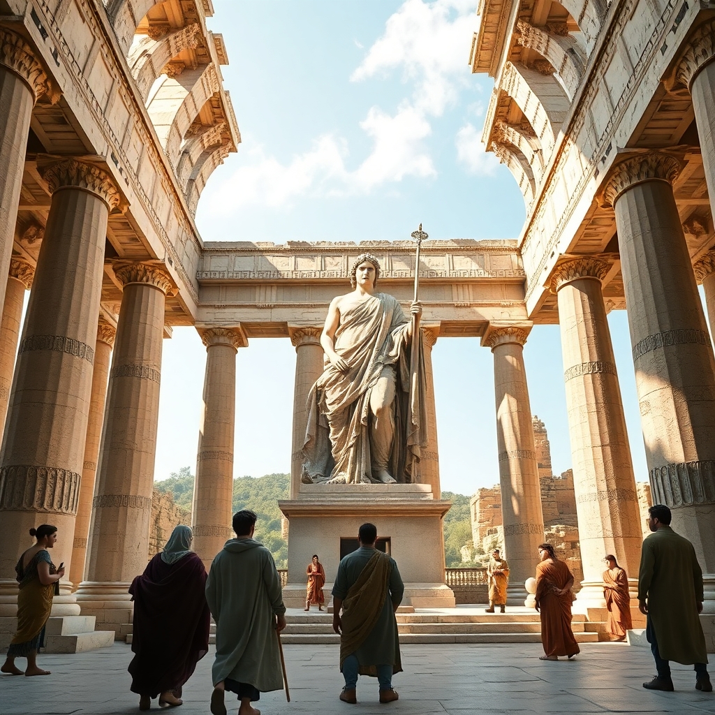 a photorealistic picture of inside the Temple of Athena looking at her massive statue in ancient Greece during the time when Aristotle lived with people in period clothing