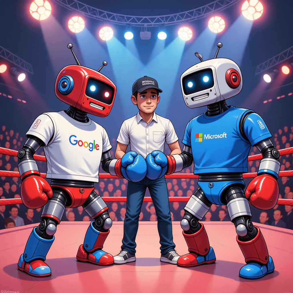 Create a vibrant, eye-catching illustration of two classic Rock'em Sock'em-style robots in a boxing ring. One robot is wearing a white Google-branded T-shirt, and the other is wearing a blue Microsoft-branded T-shirt. Instead of boxing with their fists, each robot is wielding a large, notebook binder as a playful weapon. The Google robot has a blue binder, the Microsoft robot has a red binder. The scene is being refereed by a third robot, styled like the Pixar Movie “Robots”, wearing a black baseball cap with the Perplexity.ai logo clearly visible. The atmosphere is energetic and fun, with the boxing ring set under bright lights and a lively, tech-inspired audience in the background. The overall style should be polished, modern, and suitable for use in a professional technology blog or publication. Avoid using any copyrighted logos; use suggestive branding (such as color schemes and general design elements) to represent Google, Microsoft, and Perplexity.ai.