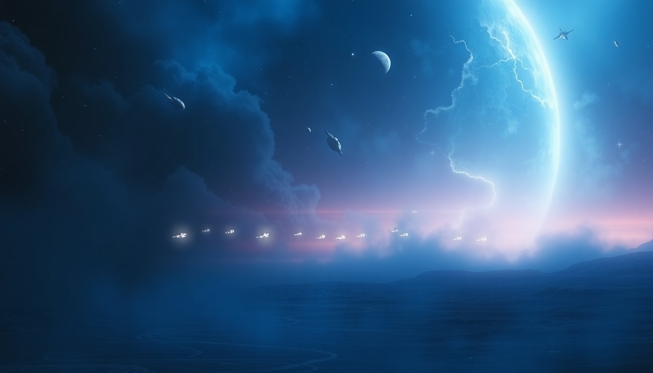 a huge storm on a blue planet in a galaxy far far away while a space battle happens in the background