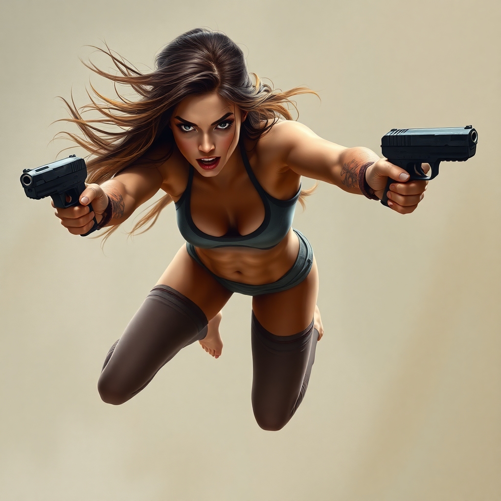 A cinematic digital painting of a fierce woman in mid-action, leaping forward with intense focus. She has long, flowing brown hair and wears a tiny tight sports bra  and leg-warmers and is barefoot. In each hand, she wields a modern handgun, aiming with precision and urgency. Her expression is alert and determined, and her athletic build is emphasized by dramatic lighting. The background is a neutral, blurred studio setting, highlighting her motion and intensity. The art style is realistic with dynamic lighting, sharp shadows, and a touch of motion blur to convey speed and strength. Inspired by sci-fi and action heroines. She is falling / diving sideways right to left