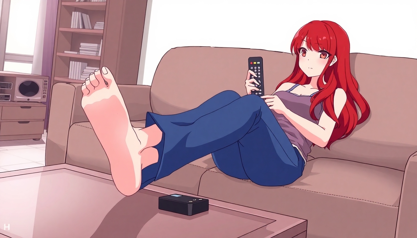 Bbw red head sitting on the couch with her feet on the coffee table, her left foot is gripping a remote control between her big and second toes
