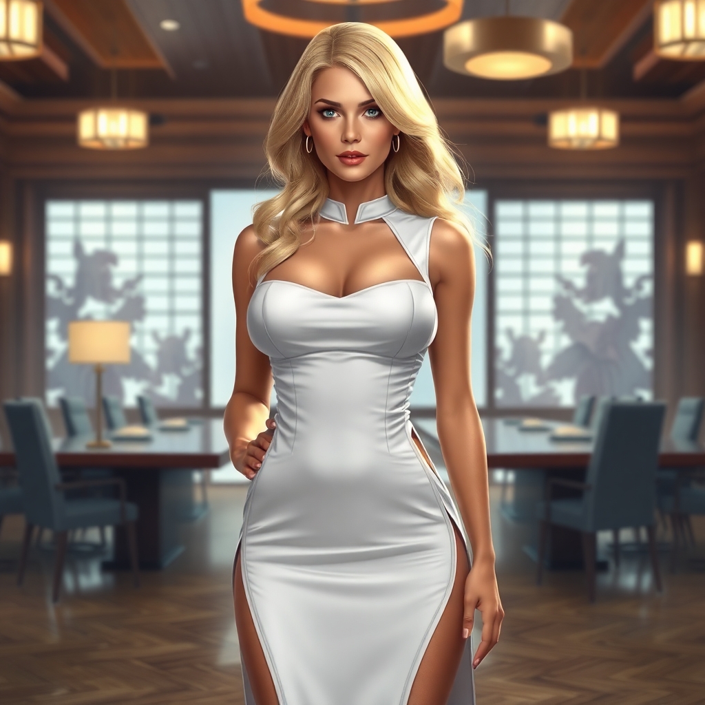Stunning busty Californian blonde woman wearing a form-fitting, sleeveless white cheongsam dress with high slits on both sides, revealing her hips and legs. Confident. Cleavage. Sexy. Japanese executive boardroom