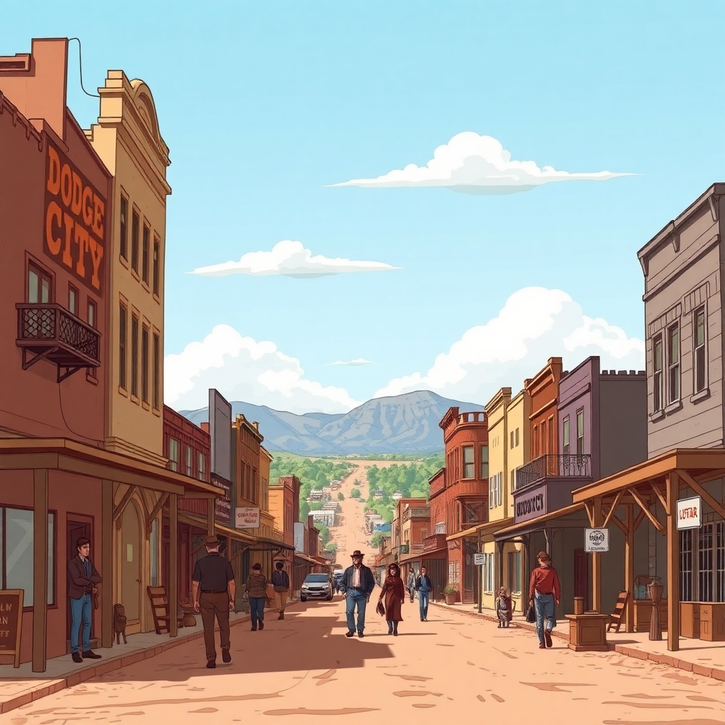 A cartoon picture of the Wild Western town of Dodge City. A long view of the city as if walking down the middle of Dodge City in 1875 BC with buildings on both sides of the street as the town gets smaller in the distance with people in Dodge City in 1875 on the street living everyday life.