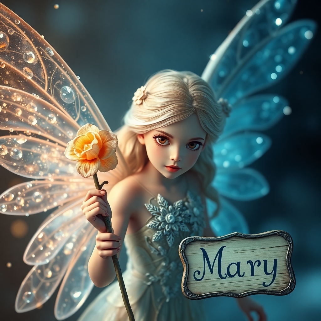 A mystical fairy in shimmering crystal wings, holding flower patterned wand, Brown eyes, epic nature and ice bending shot, Video Art art, super high detail, and a sign saying "Mary"