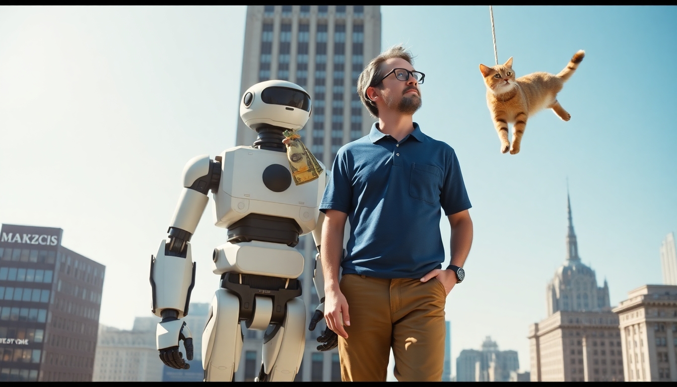 A robot and a man stand side by side on top of the New York Stock Exchange building. The man, with black hair streaked with grey and a thin salt-and-pepper beard, wears glasses, a blue polo shirt with a pocket, and khaki pants. He has just released a bag of money, and the robot has simultaneously dropped a cat. Both watch curiously as the money and the cat fall against a bright natural light backdrop, capturing a moment filled with intrigue and wonder.