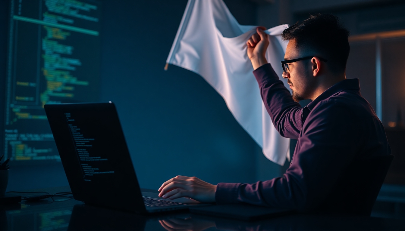 A Software-Developer working at his laptop with code line on the display. The developer is raising a white flag.