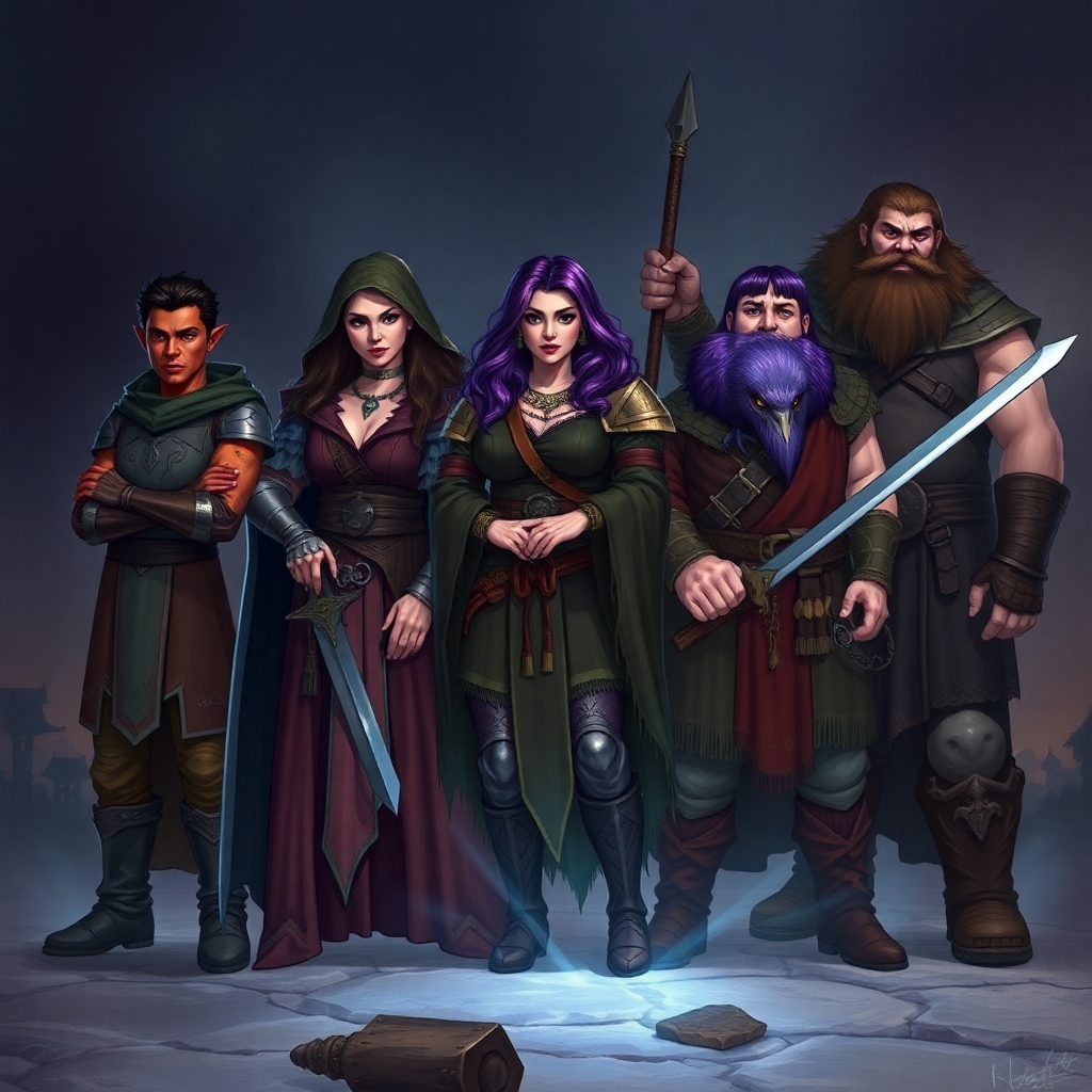 A five member dungeons and dragons adventuring party consisting of: A red-skinned thin male elven bard, an adrogynous female half-elf cleric/warlock wearing chainmail with a shadow raven familiar,  a curvy female half-elf warlock with purple hair wearing robes, a short but wide male dwarven ranger, and a very tall male half-giant barbarian/paladin.