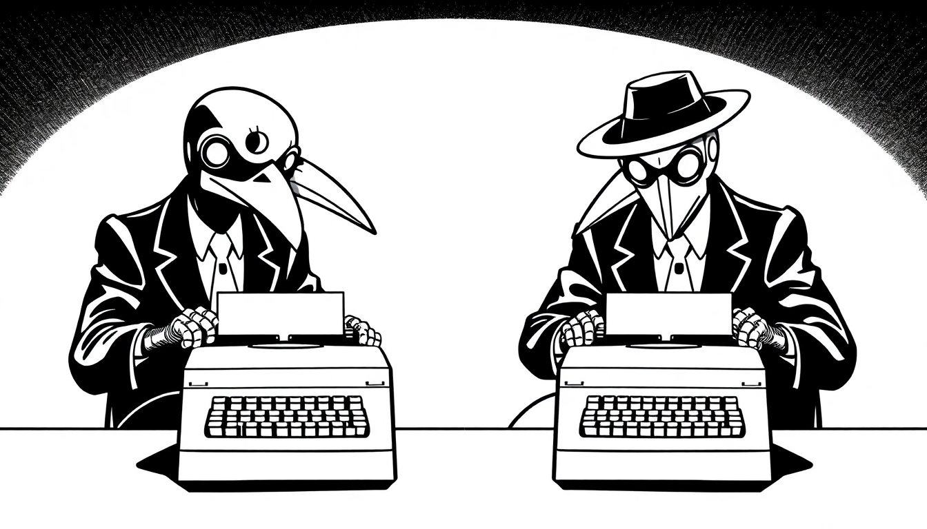 Imagine a scene from Mad Magazine's Spy vs Spy where the black and white spies are shown in split view, both working on typewriters. Replace the crow faces of the spies with robot faces.