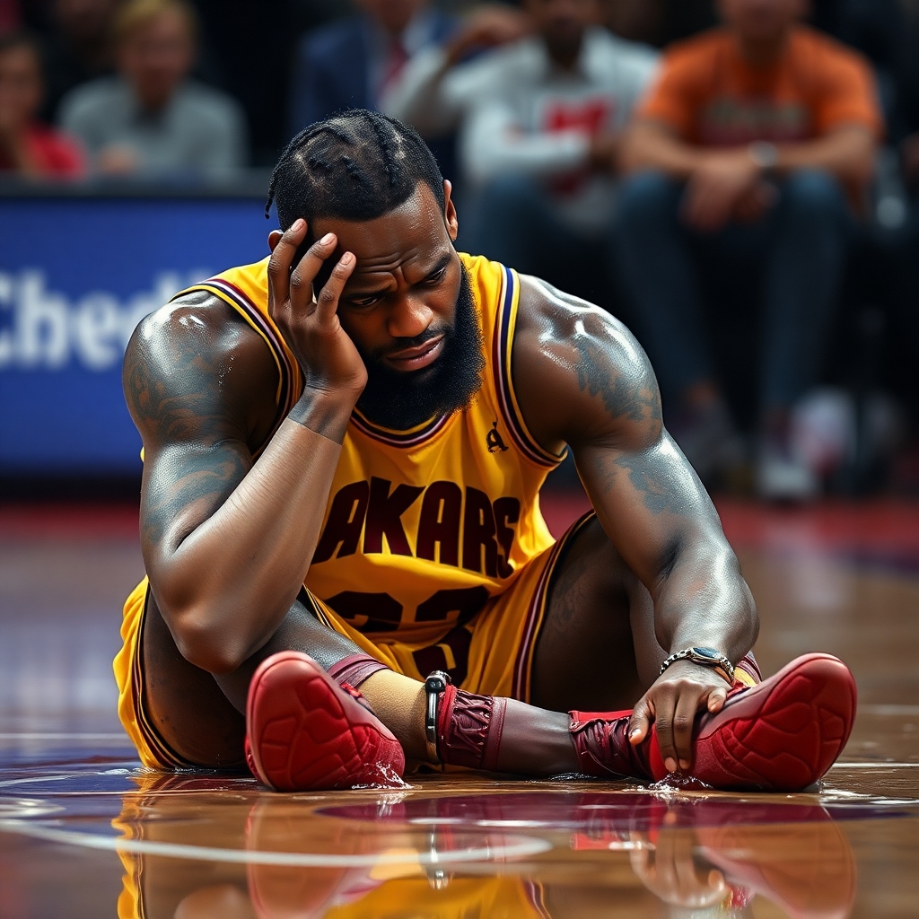lebron James crying, sitting in a puddle of tears