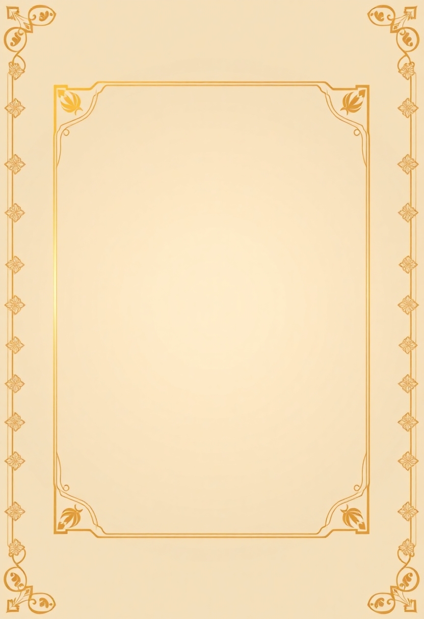 Elegant and professional background for a certificate of appreciation, vertical A4 aspect ratio (2:3), clean layout with ornamental Islamic geometric borders, soft studio lighting, classic and minimalist vector style, formal and inspirational mood. Beige and gold color palette. Designed with empty space in the center for future text placement. No text or labels, only the background design.