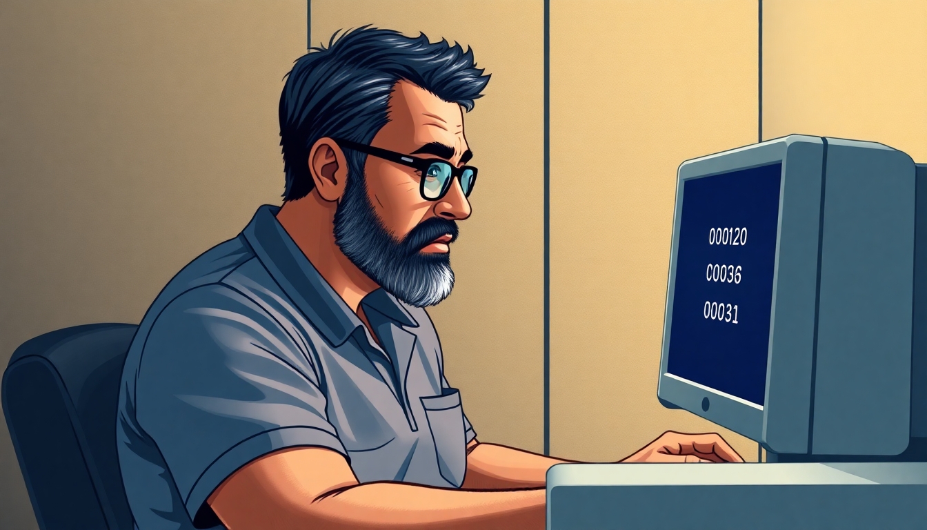 A man with black hair and a thin beard, both going grey, tan skin, wearing glasses and a blue pocket polo shirt, is sitting at a computer terminal in a narrow booth sweating while he is attempting to answer a multiple choice question on the screen