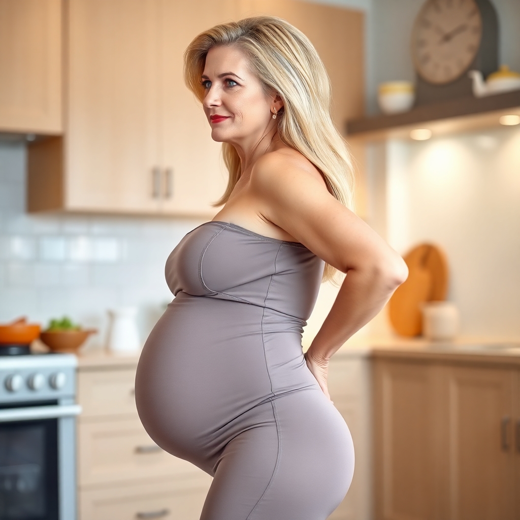 A mature adult woman shown in side profile, standing in a clean, modern kitchen environment. Her body has a highly stylized, maternal hourglass shape with an extremely narrow waist and smooth, rounded hips that extend outward in a full, natural curve — large, firm, and subtly softened by maturity. Her chest is full, lifted, and projects confidently forward, with slight asymmetry that enhances the realism of her figure. Her abdomen remains flat and toned, though faint natural skin texture and minor surface variation suggest lived-in beauty. She has a compact frame with short limbs and a visibly larger head-to-body ratio. Her skin is smooth but not flawless — a few faint lines at the corners of her eyes and slight creases near her mouth accentuate her expressiveness and maturity. Her facial features include clear blue eyes, long lashes, a small refined nose, full lips with soft volume, straight bright teeth, and a strong, well-proportioned jawline. Her cheeks are lifted with a natural softness. Her long, thick blonde hair is styled neatly with volume and slight variation in wave and tone. She is dressed in a tight, fitted blue dress — tailored to emphasize her mature curves, hugging her chest, waist, and hips with confident precision. The lighting is soft and ambient, subtly highlighting the texture and contours of her figure. The background includes modern kitchen elements such as clean countertops, cabinetry, and subtle household details. The image is photorealistic and high resolution, with strong focus on her sexually confident form, natural imperfections, and the sensual contrast between elegance, age, and casual domestic presence.