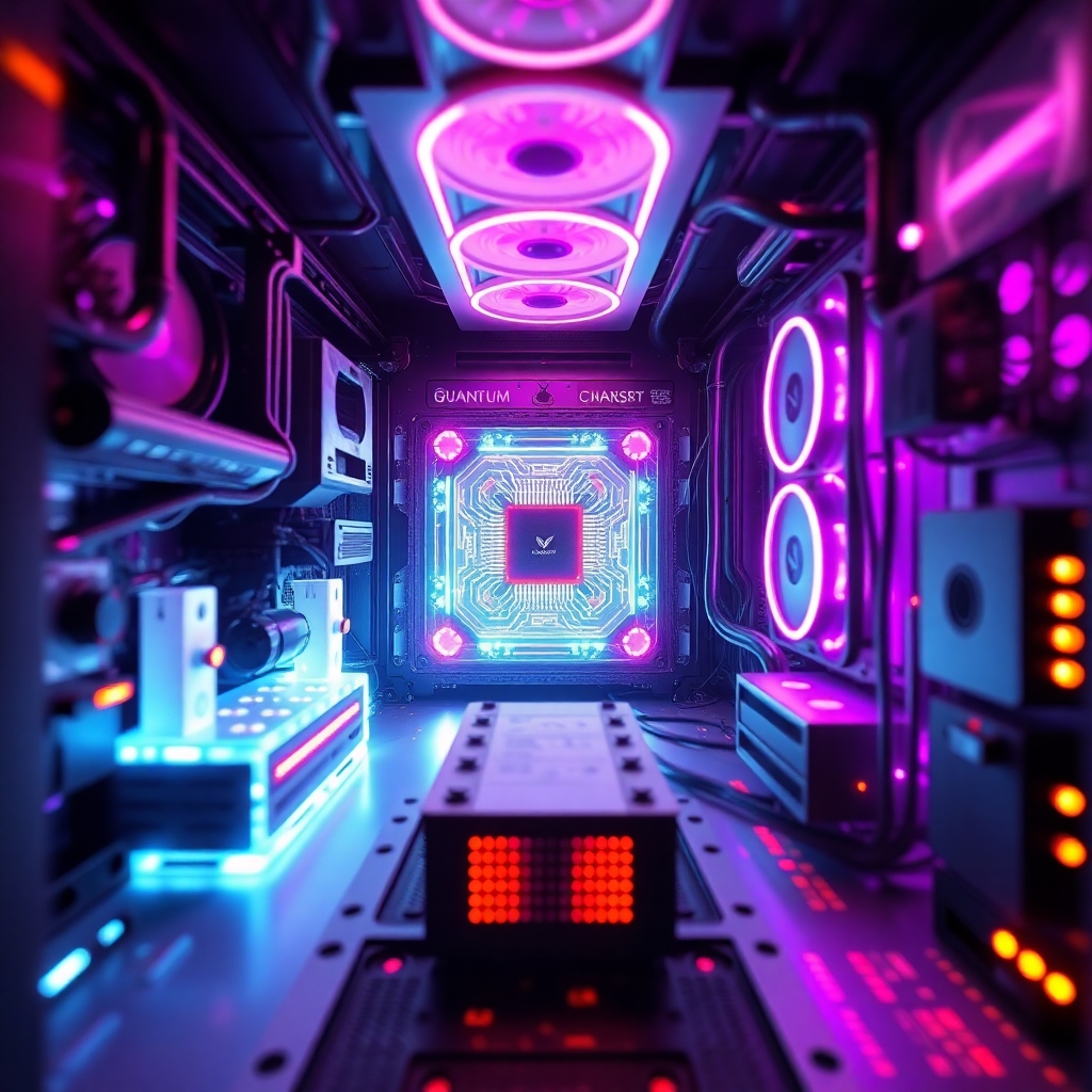 view from inside a computer where the viewer is very small and all the components look the size of buildings. the computer is state of the art, a quantum processor and liquid cooling system with purple neon interior lighting