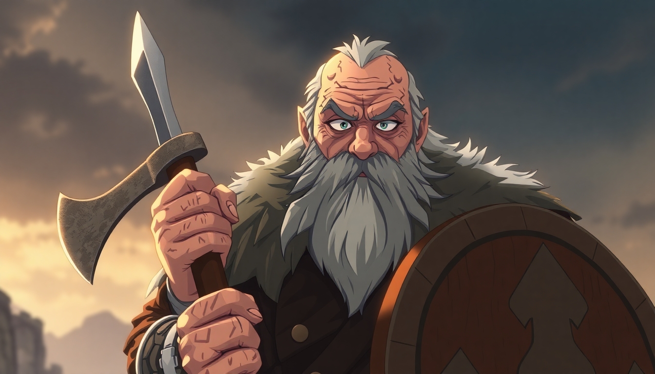 A very old viking with scars and wrinkles all over his face and bodywho can barely hold his axe and his shield.