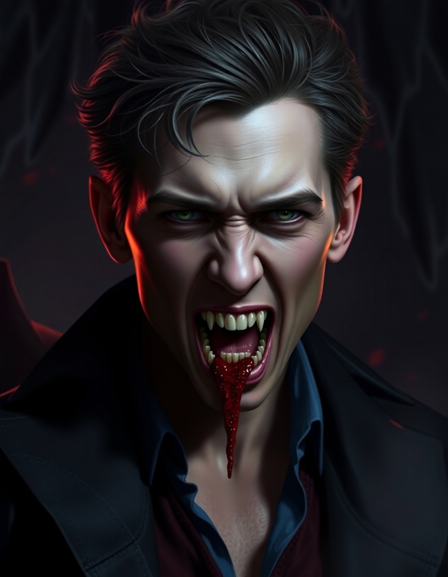Tom Holland as a vampire with fangs and a bloody mouth