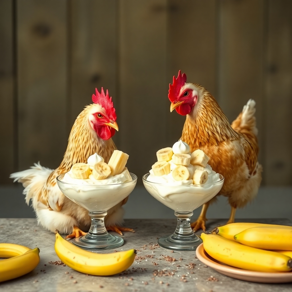 chickens eating banana splits