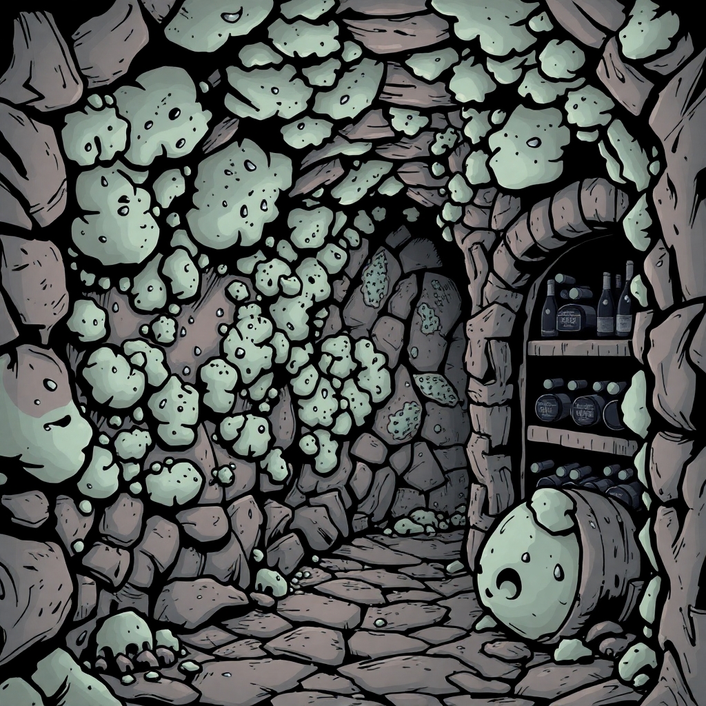warpstone mold growing in a wine cellar covering the walls. Art style should be comic gothic.