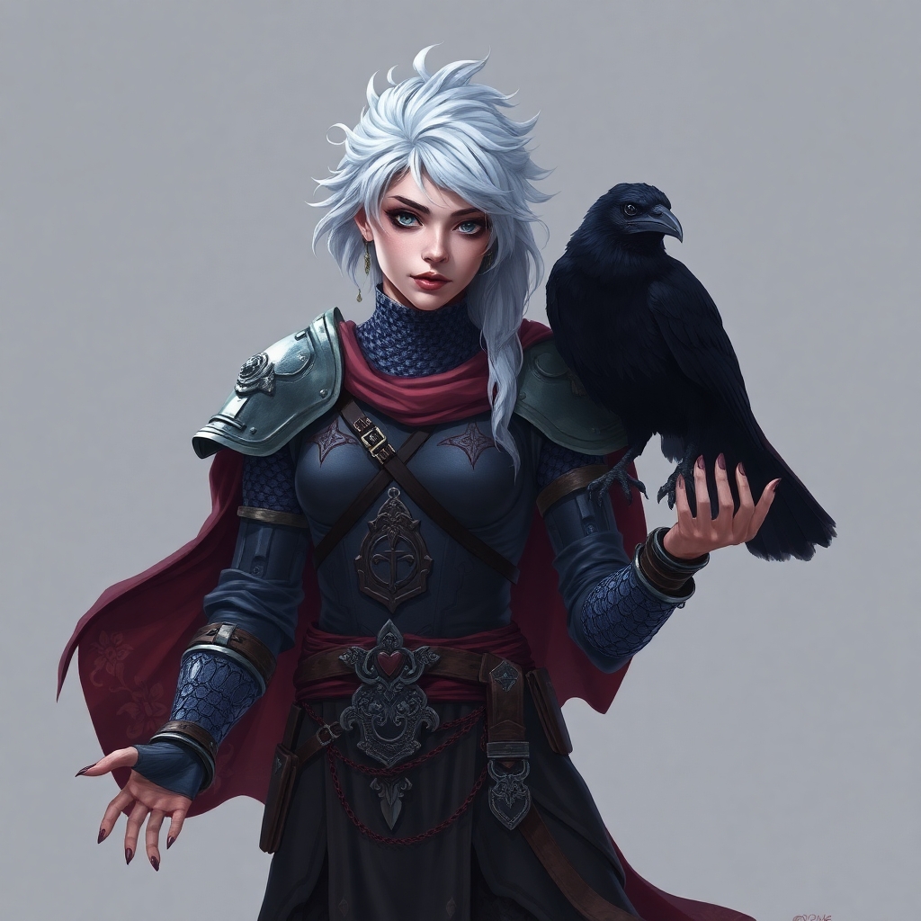 A 5E dnd character who is a half-elf cleric and warlock sworn to the mother of shadows. She wears chainmail, is slightly androgynous, and has a ghostly raven familiar.