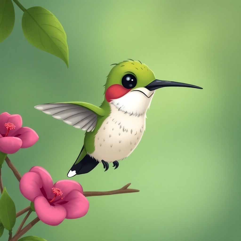Please create a cartoon drawing  of a very weak looking hummingbird.  Make her look very sad but likeable for the reader of a children's book.