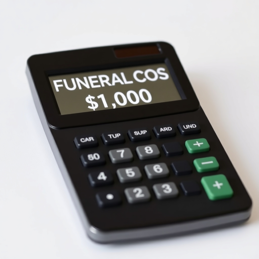 A scientific calculator(In american) with "FUNERAL COST: $10,000+" on the screen