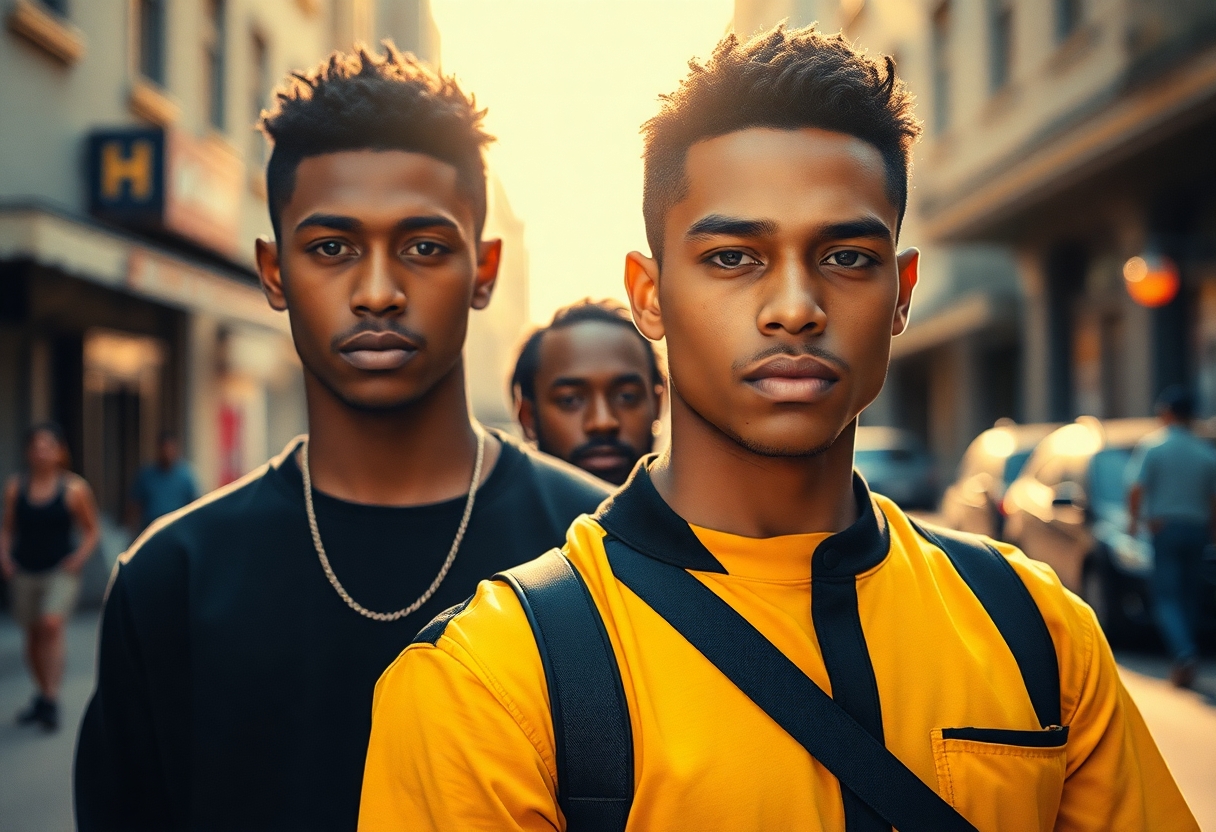 ((Fine art photography:1.8)), ((cinematic film:1.8)), (((grainy Polaroid aesthetic:2.2))), ((realistic skin texture:1.8)), ((volumetric light:2.0)), ((warm backlight:1.8)),(( dynamic shadows:1.6))  In this vibrant scene, three young men stand confidently in an urban environment, exuding a sense of camaraderie and attitude. The foreground features two men: one in a striking yellow shirt with black accents, showcasing a smooth expression that conveys determination, and the other in a dark outfit, sporting casual streetwear and a composed demeanor. A third figure, slightly behind, adds depth to the composition, creating a visual dynamic. The background captures a sunlit street with soft bokeh effects, emphasizing the subjects while hinting at the lively neighborhood. Soft, diffused lighting highlights their facial features, casting gentle shadows that accentuate their expressions. The overall mood is assertive yet relaxed, reminiscent of classic 90s street culture. The color palette includes bold contrasts between the men's clothing and the cooler background tones, offering a striking visual appeal. The composition balances the figures and maintains focus on their interactions and individual personalities. References to urban films of the era inspire the style, enhancing the nostalgic yet modern feel of the imagery.