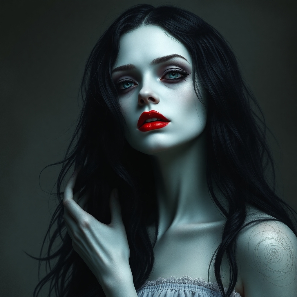 A porcelain-skinned woman with dark black hair, red lips and a haunting, hungry nature. She is an undead creature, animated by sorrow and longing.