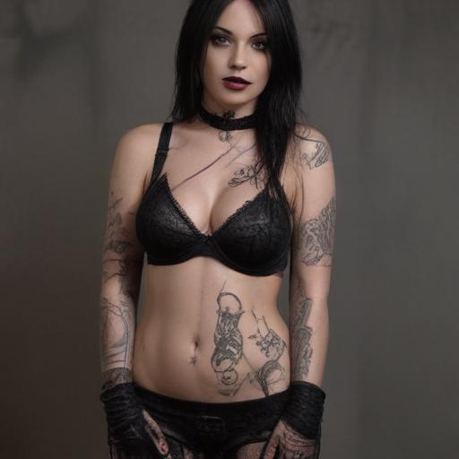 Gothic lingerie model; many edgy black and grey tattoos. Fishnets, large breasts. Very high resolution photo,l very realistic