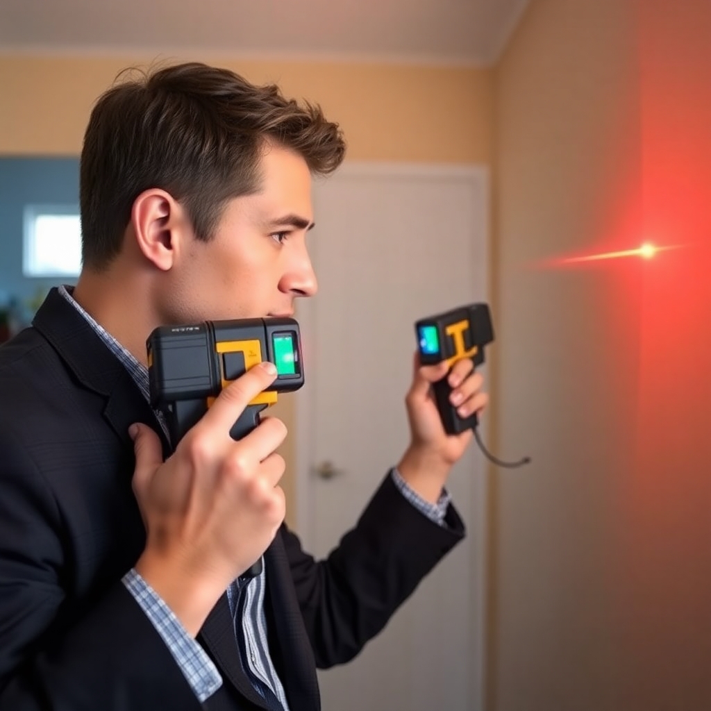 Image 1: A professional-looking appraiser using a laser distance meter inside a home, focused on measuring a wall.
