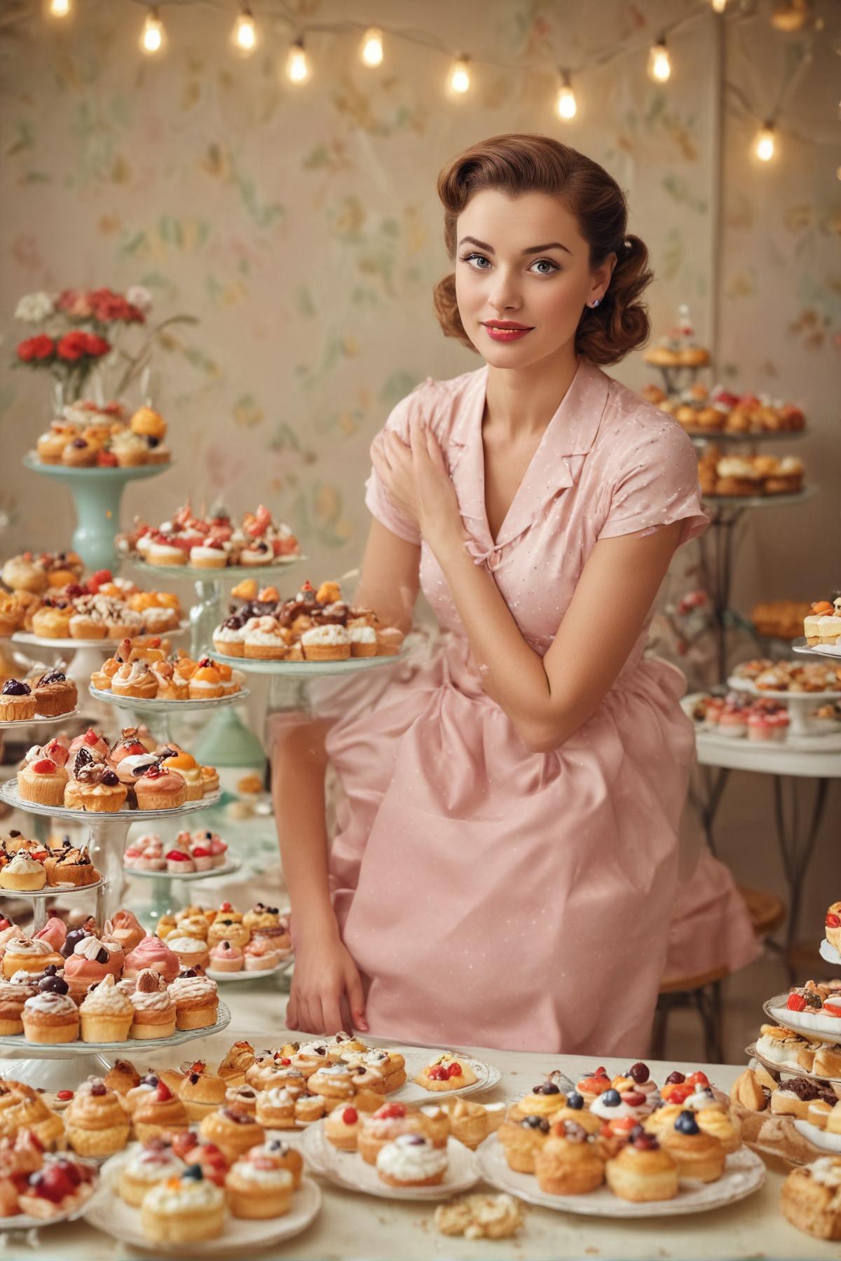 1950s style woman looking at the viewer sitting in front of a table covered with fancy pastries and cakes