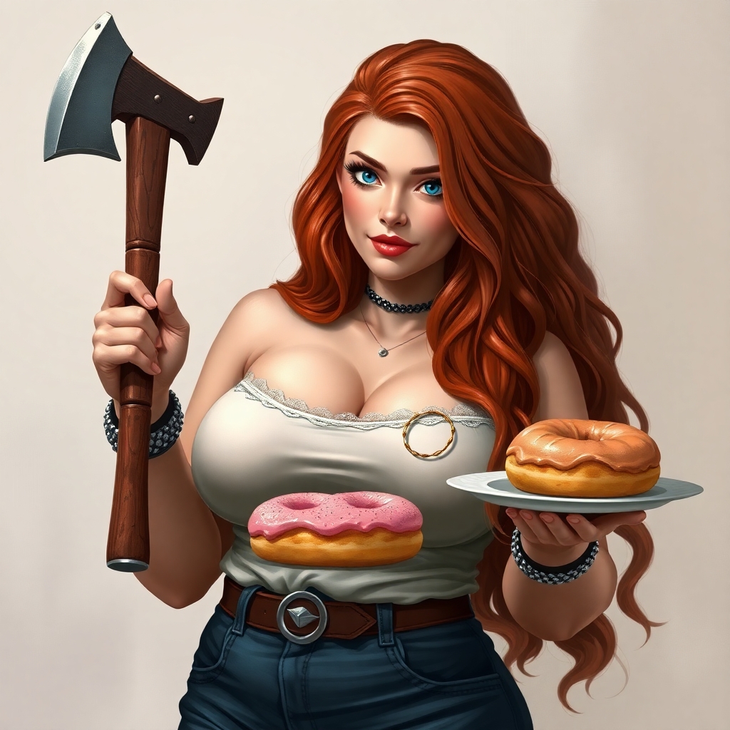 realistic redhead with long hair and huge boobs holding a battleaxe and a plate of donuts