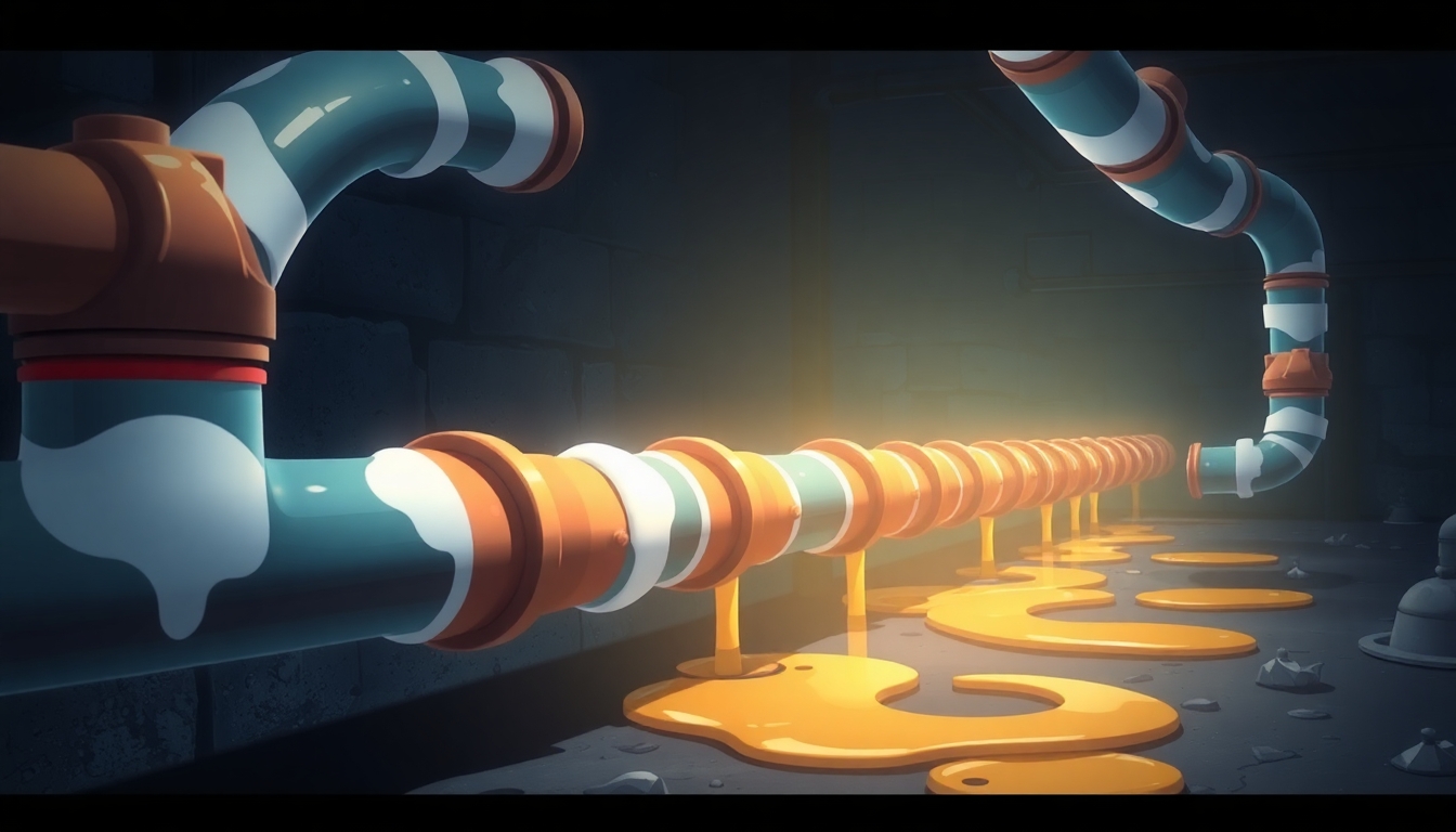 A Pipeline with leaks, the leaks are fixed with multiple corks and plasters