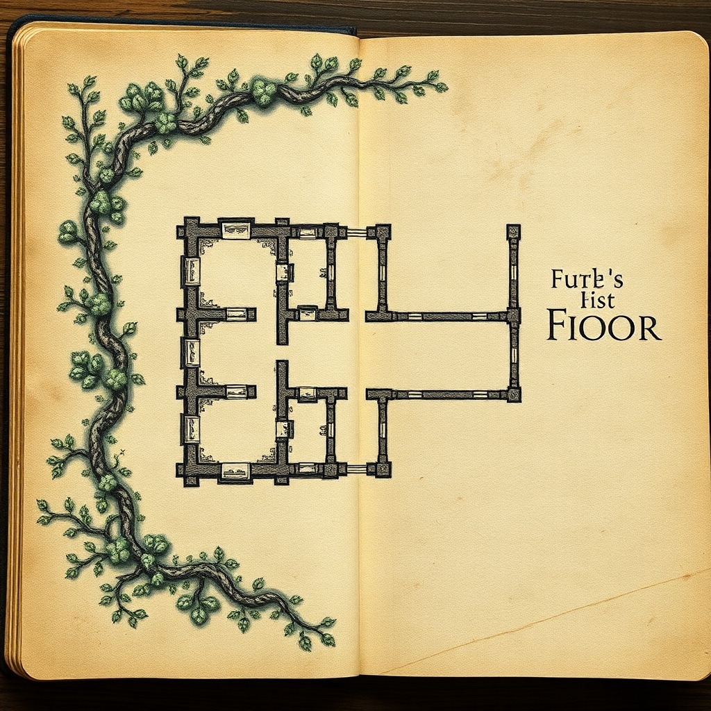 A simple map of the first floor of an overgrown and ruined medieval, gothic estate taken from the page of an ancient, weathered journal.