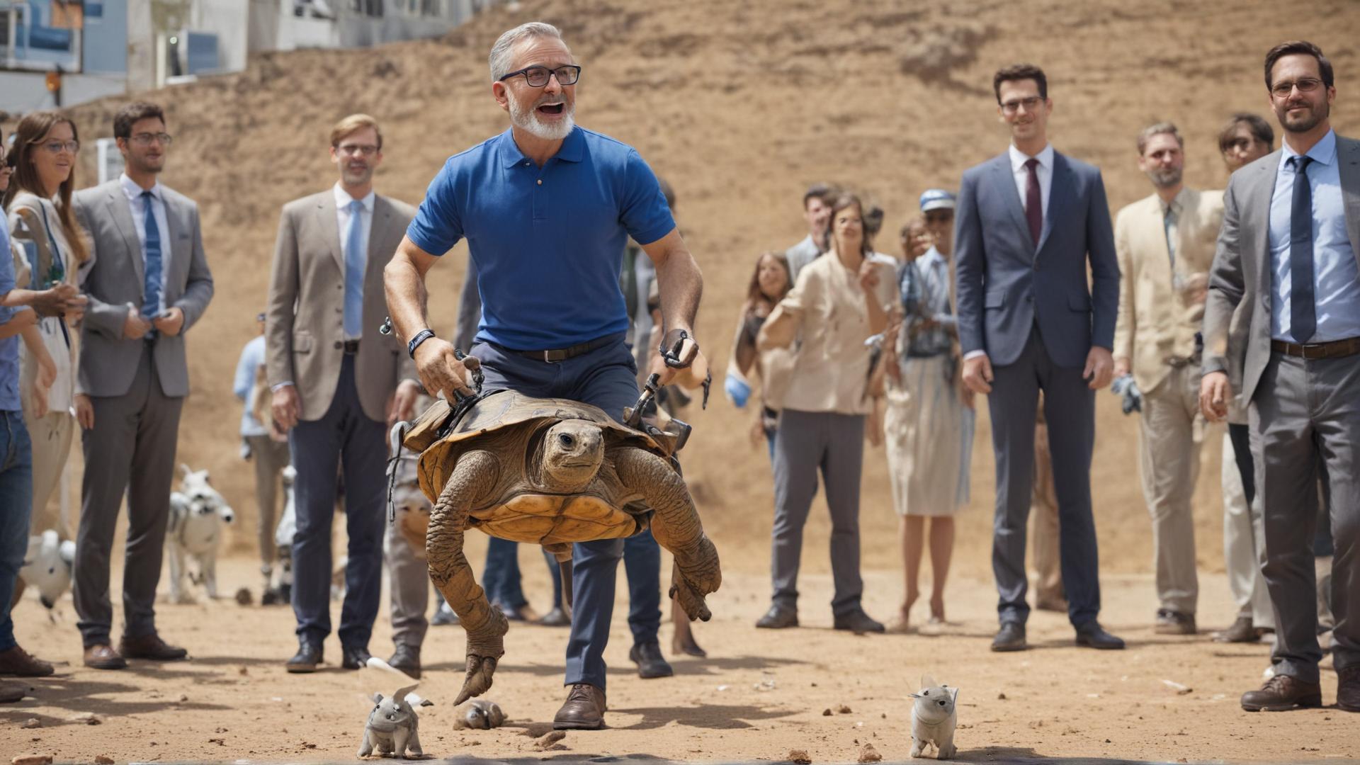 A tortoise with a thin, partially grey  beard is wearing a blue polo shirt and glasses. He is standing on two legs and bolting a jetpack on to a robotic rabbit while an group of people in suits watch.