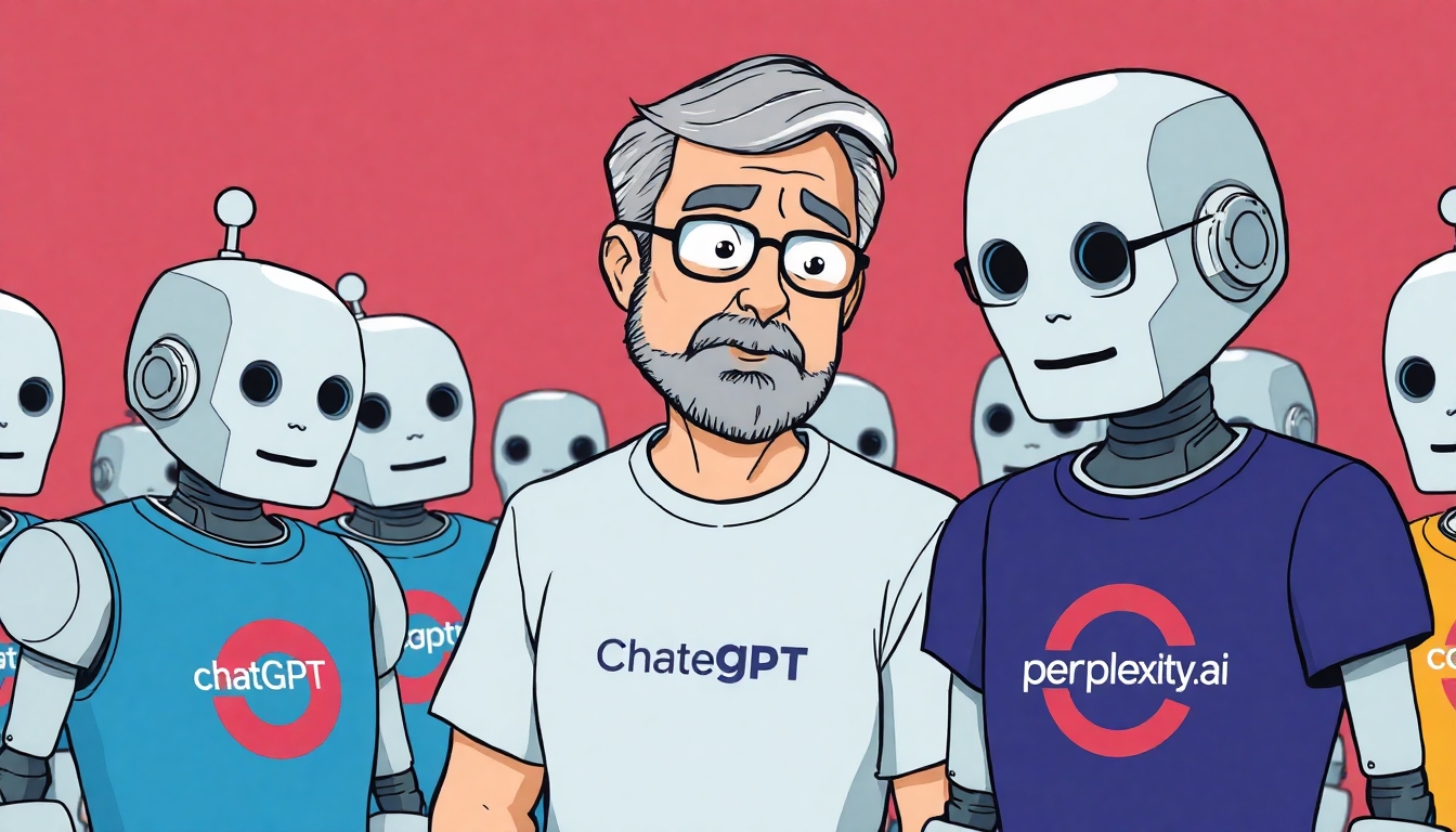 A man with slightly gray hair, a short beard, and glasses is scolding a group of robots. Each robot has a t-shirt with one of the following logos: ChatGPT, Copilot, or Perplexity.ai