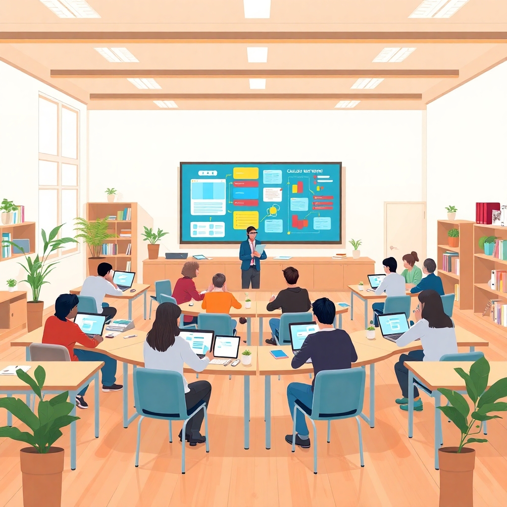 A detailed modern flat vector illustration in clean editorial illustration style showing a full scene inside a contemporary digital classroom environment where collaborative learning is actively taking place through technology. The setting is a spacious, well‑lit interior with visible walls, floor, desks, chairs, shelves, and large digital displays. Multiple students sit or stand around shared tables, each working on laptops or tablets, while a teacher facilitates the process from a central position. The environment must feel dynamic and interconnected, with screens showing shared documents, mind maps, task boards, and real‑time collaborative notes that symbolize how technology makes thinking and decision‑making visible.  Include subtle visual metaphors for teamwork and structured collaboration: overlapping digital windows representing shared ideas, softly glowing connection lines between devices, and color‑coded task elements on a large wall‑mounted display. Show students discussing, pointing at screens, and contributing to a shared workflow, emphasizing that collaboration is organized, transparent, and guided by clear processes rather than spontaneous chatter.  The room should feel warm and inclusive: soft‑colored walls, wooden or neutral flooring, plants, bookshelves, and ambient lighting. The scene must be fully filled edge‑to‑edge with a complete environment, showing a realistic interior space with depth and balance. The illustration should clearly communicate how digital tools support equitable, structured, and meaningful collaborative learning.  Style: modern flat vector illustration, smooth shapes, soft gradients, slight depth, clean editorial design. Color palette: warm neutrals, soft blues, muted greens, gentle oranges for highlights.  CRITICAL: full scene composition with a complete environment. The background must be part of the scene with clearly visible environment elements such as walls and floor or natural surroundings. The image must be fully filled edge-to-edge. Absolutely no white background anywhere in the image. No blank or empty areas. No isolated objects. No floating composition. No transparent background. The background is not a studio backdrop, it is a real environment.  No text, no watermark.