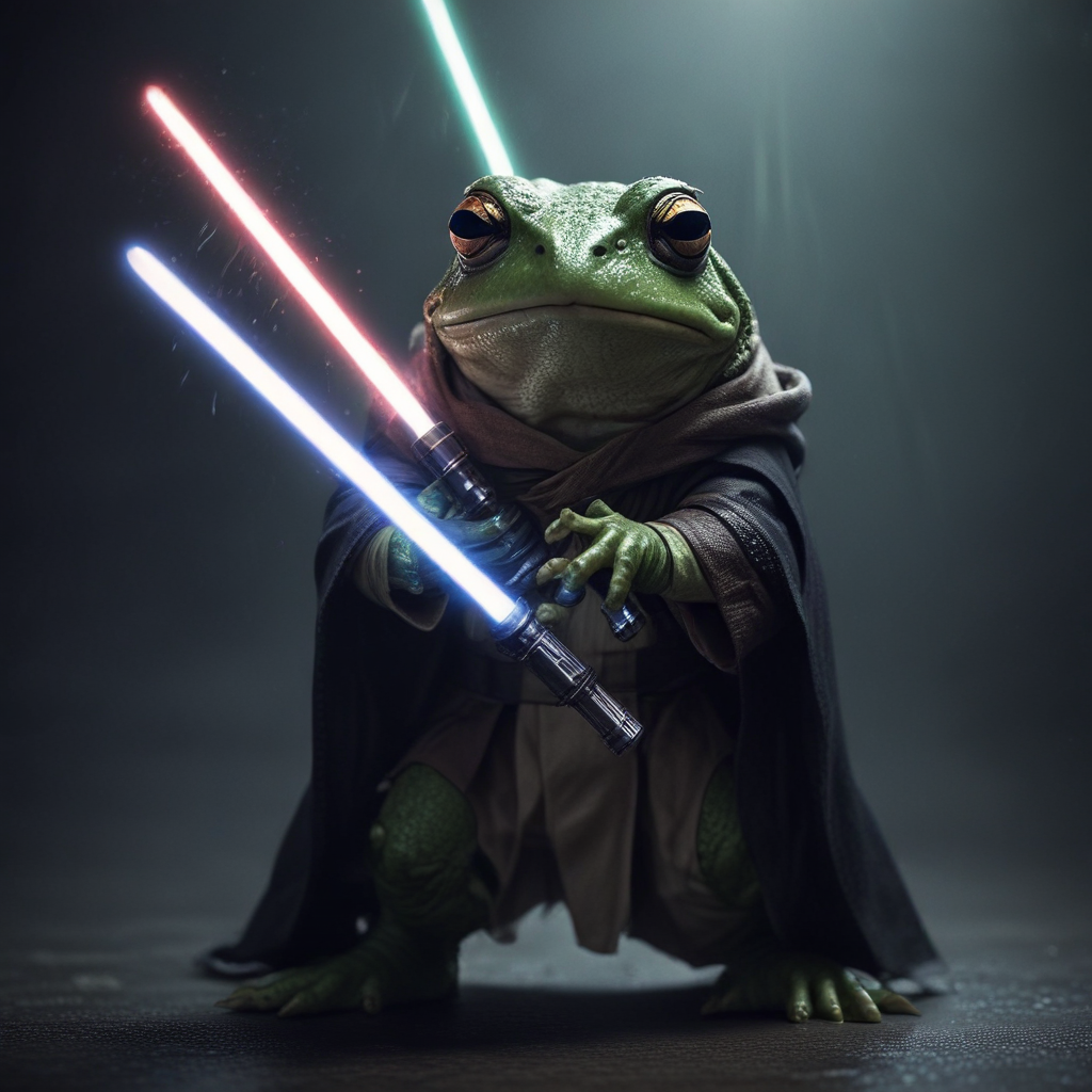 a jedi frog holding a light saber