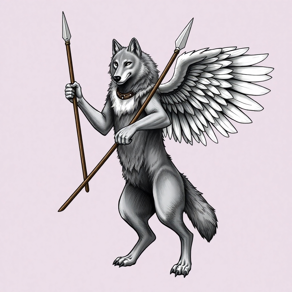 A wolf, standing on its hind legs, like a man, it has hands and arms instead of front paws, it holds a spear in one hand. On its back it has feathered wings spread, ready to fly. It's face appears intelligent