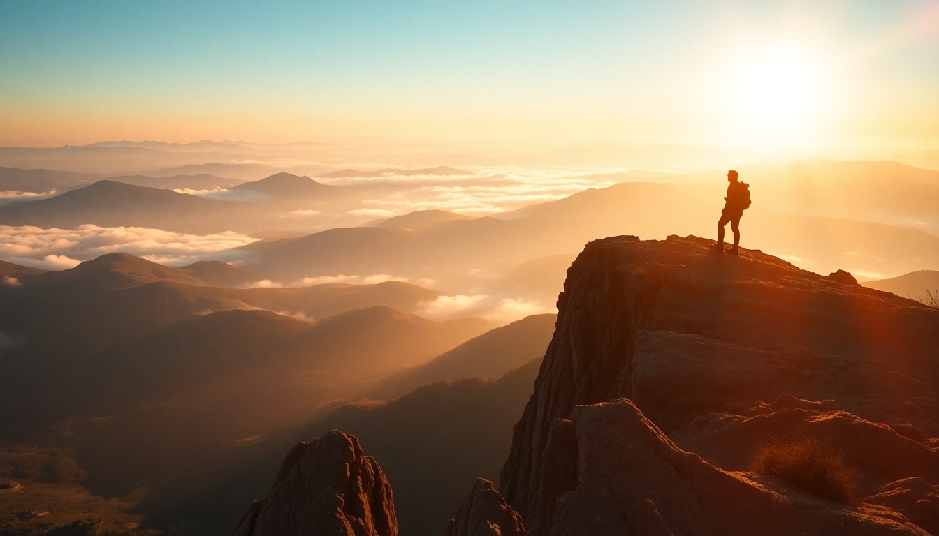 (((Fine art photography:1.8))), ((cinematic film:1.8)), (grainy Polaroid aesthetic:1.4), ((realistic skin texture:1.9)), ((volumetric light:2.0)), (((warm backlight:1.8))), ((dynamic shadows:1.6)) A breathtaking mountain landscape at sunrise, featuring a solitary hiker standing on the edge of a rugged cliff. The view captures an expansive range of rolling hills and peaks in the background, cloaked in a soft layer of morning mist. Warm golden rays of sunlight burst through the clouds, illuminating the scene and creating dramatic contrasts between light and shadow. The foreground showcases jagged rock formations, highlighting the rough terrain and adding depth to the composition. The atmosphere feels serene yet invigorating, embodying a sense of adventure and solitude. The color palette transitions from deep blues and purples in the shadows to vibrant yellows and oranges where the sunlight touches. This composition is suggestive of exploration and connection with nature, recalling the style of classic landscape painting with a modern touch. Ideal for evoking feelings of inspiration and tranquility.