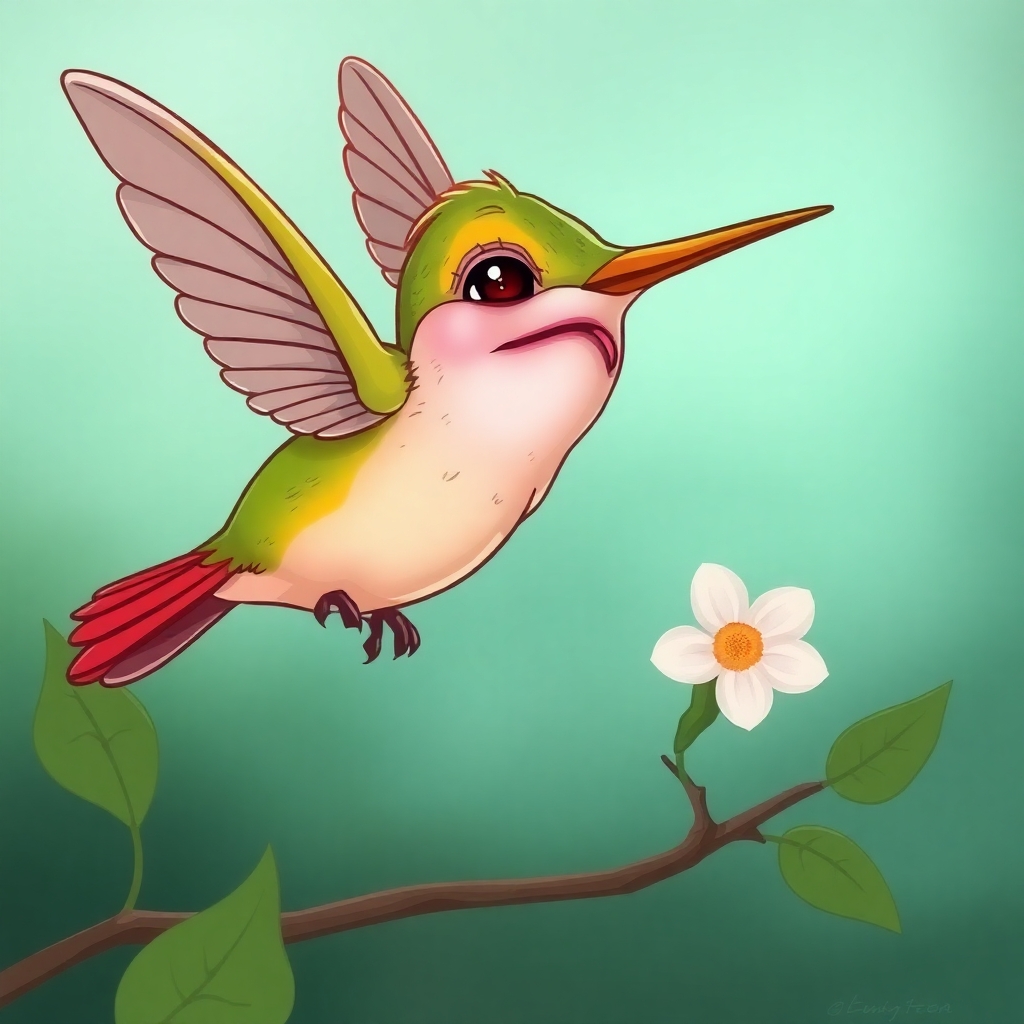 Please create a cartoon drawing  a very sick and dying looking hummingbird.  Make her look very sad but likeable for the reader of a children's book.