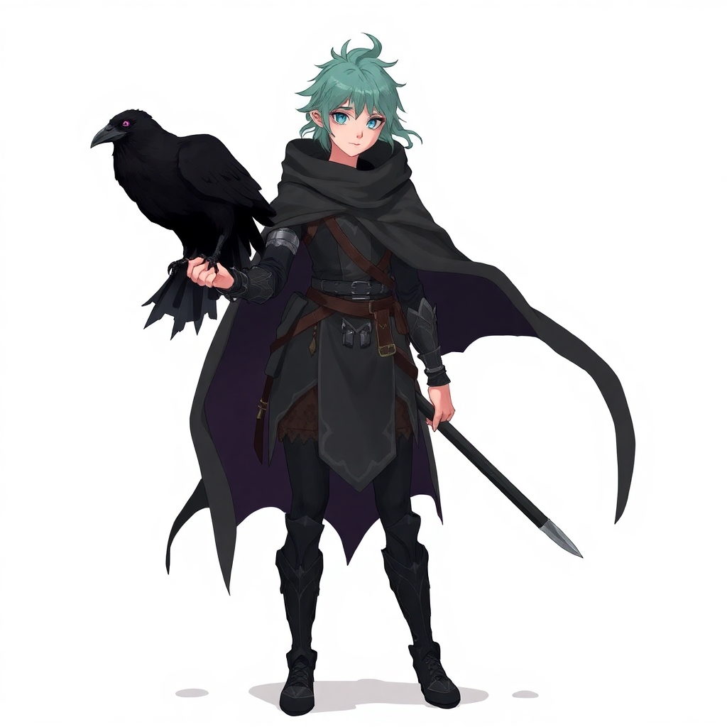 A 5E dnd character who is a half-elf cleric and warlock sworn to the mother of shadows. She wears chainmail, is slightly androgynous, and has a ghostly raven familiar.