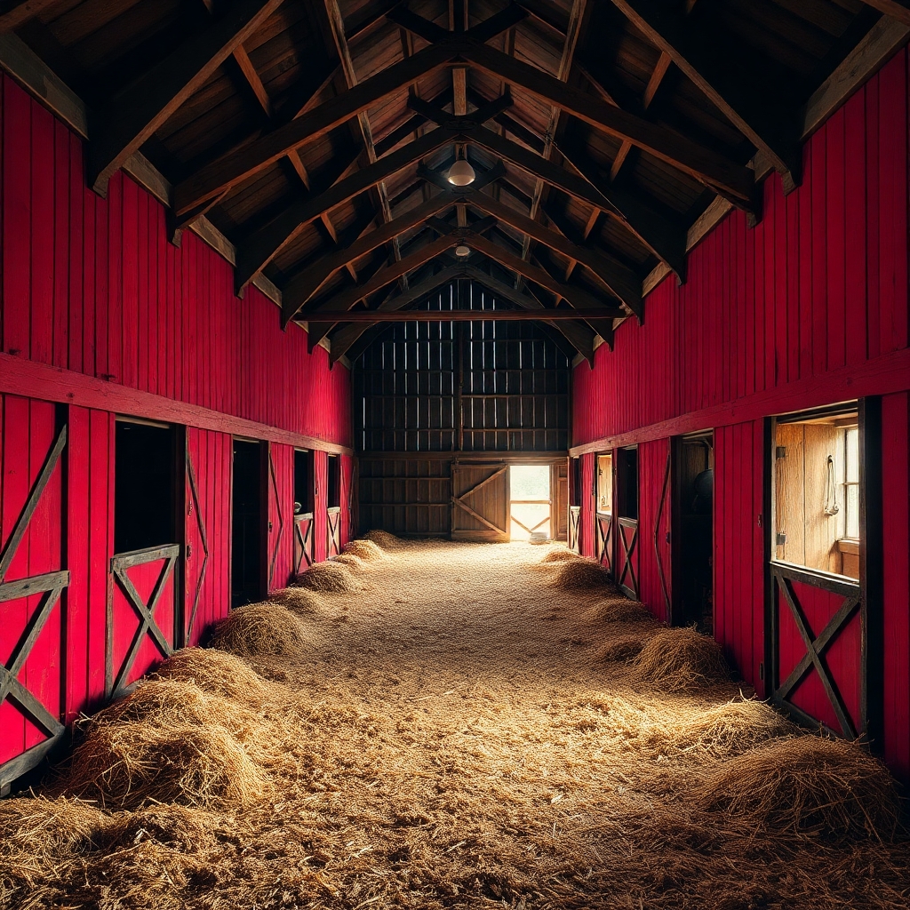 A realistic picture of inside of an old red barn with hay all over the ground in a stable