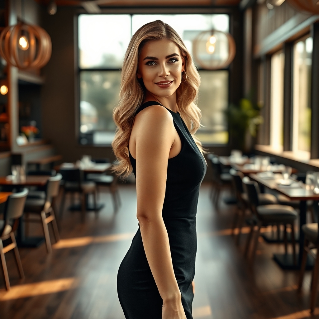A sophisticated adult woman commands the frame, captured in a warmly lit, modern restaurant interior. Her confident stride brings her slightly toward the viewer, her shoulders relaxed and a natural, assured smile gracing her lips. Her long blonde hair, styled in soft, cascading waves, frames a face adorned with polished yet natural makeup, highlighting her realistic skin texture. She is impeccably dressed in a sleek, black sleeveless mini dress that boasts a high neckline and a tailored fit, accentuating her elegant silhouette. The ensemble is completed with a pair of equally elegant heels. The lighting is a masterful blend of soft ambient interior illumination and the gentle kiss of daylight filtering through large windows, creating flattering shadows that sculpt her features and form. The overall effect is one of cinematic warmth, casting a luxurious glow over the scene. In the background, the restaurant's modern wooden floors gleam softly, and stylish hanging pendant lights emit a warm glow. Tables and chairs are softly blurred, creating a beautiful bokeh that keeps the focus squarely on the woman while providing a rich, atmospheric context. The shot embodies a professional fashion editorial style, indicative of a full-frame camera with an 85mm lens at an f/2.0 aperture, resulting in exquisite detail, a shallow depth of field, and a timeless, high-end aesthetic.