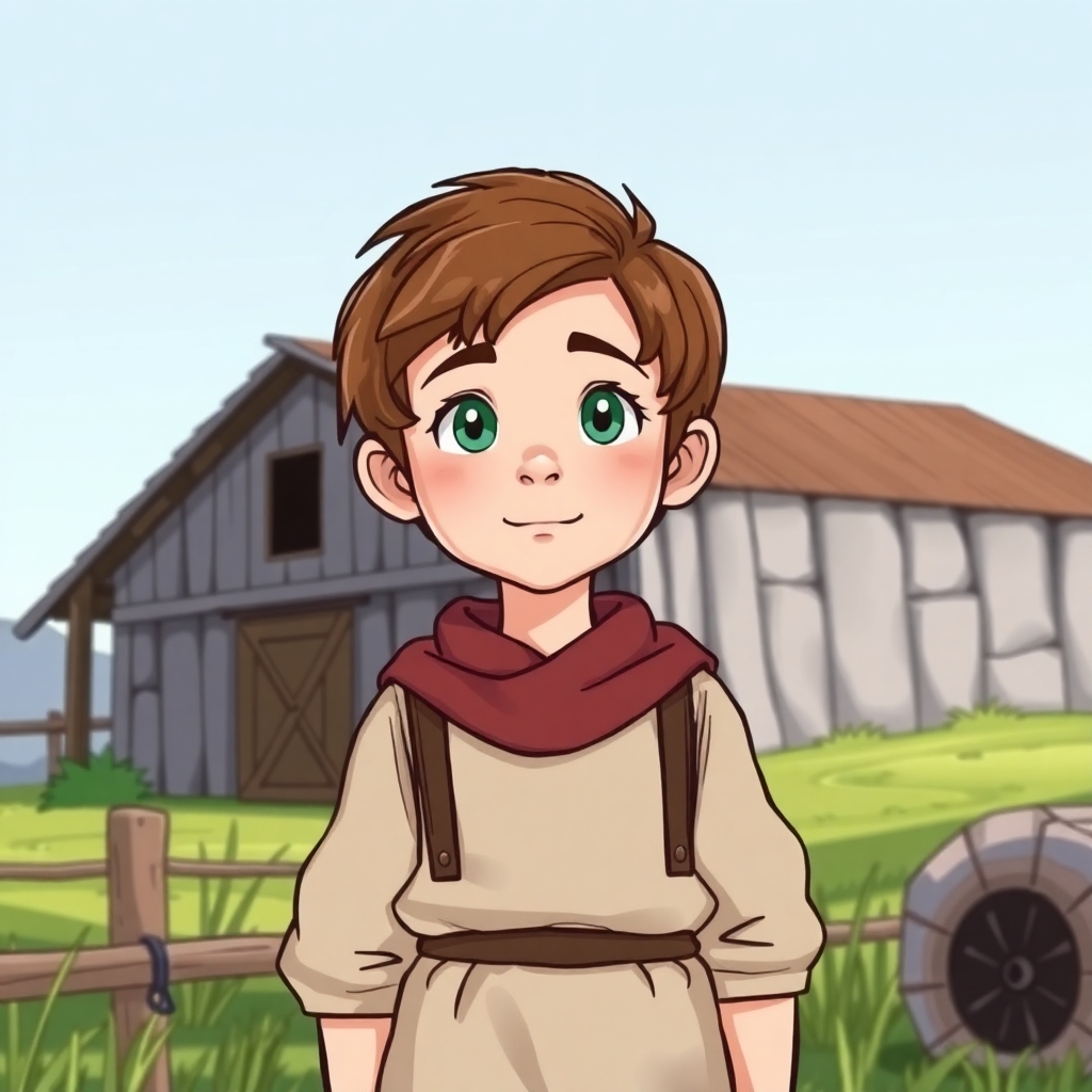 a cartoon drawn little boy with brown hair and green eyes at age 11 on a farm. This is for a children's book so make him cute, innocent and likeable for the reader to look at. I would like images of the same character doing the following: wearing medieval clothing. https://www.imagiyo.com/images/mxkaz6Y5aJ0P/view