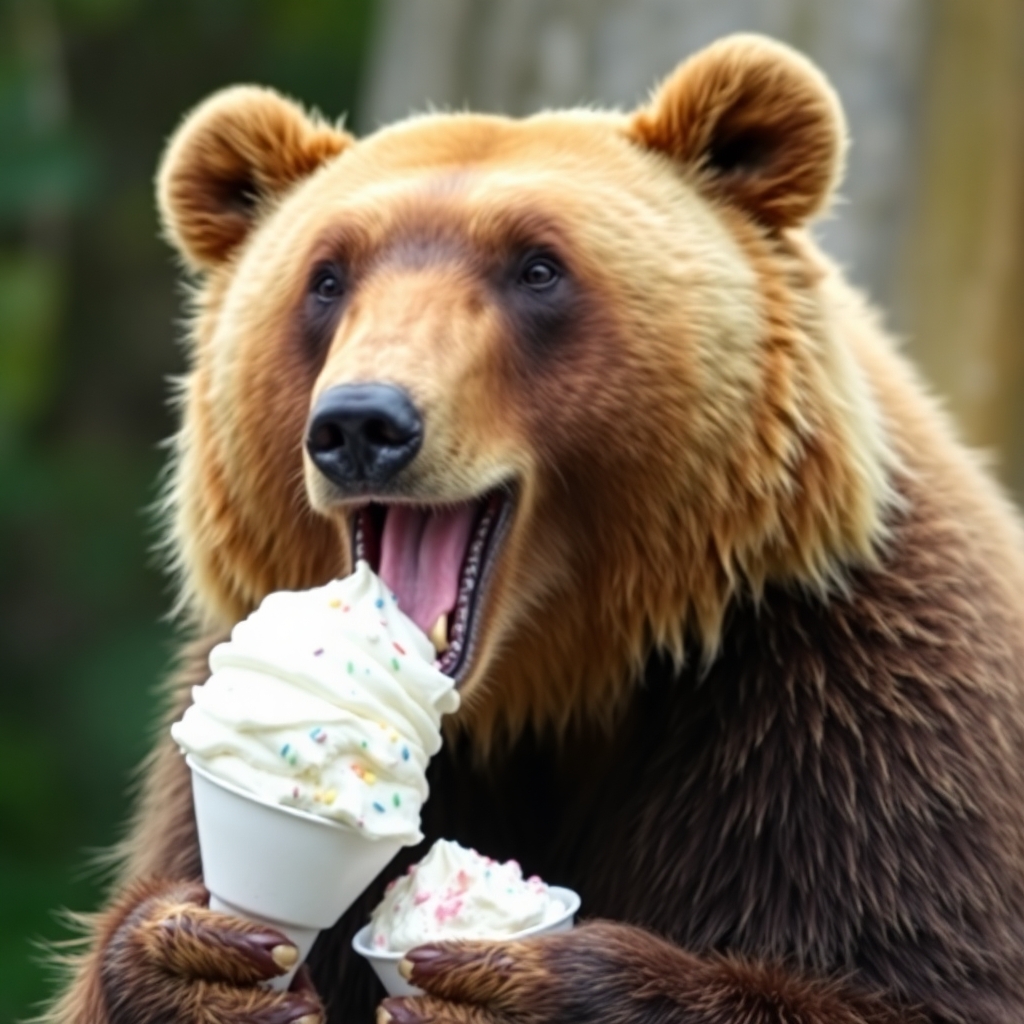 a photograph of a bear eating ice cream.