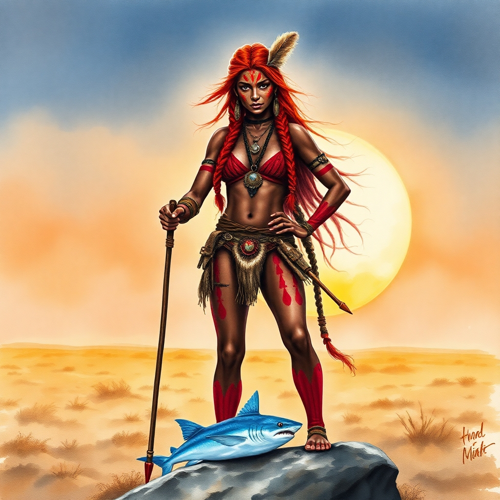 A watercolor painting of a strong, red-haired tribal warrior woman standing confidently in a windswept, post-apocalyptic landscape. She has long braided hair with a feathered accent, vibrant red warpaint across her face and body, and any jewelry and accessories fur and tribal inspired by nature. Her pose is heroic and proud, with a glowing sunset in the background casting warm hues. The style is soft, atmospheric watercolor with fine detail on her facial expression and body paint.  She has dark skin like a half black girl. Her microbikini is so small and tiny and tight it looks painted on and blends in with her warpaint. Her bottom clothing is a tiny fur thong she is spear fishing with each leg position on a rock spear pointed downward in the act of spearing a giant shark fish between them below.