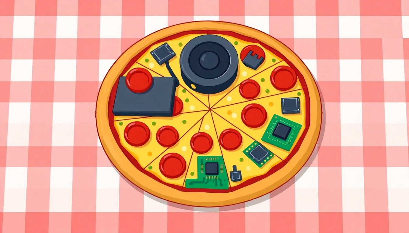 Overall Style: A whimsical, bright, and clean cartoon style. The lighting is even and well-lit, with no harsh shadows, giving a cheerful and playful vibe.  Subject: A single, perfectly round pizza, centrally placed on a red and white checkerboard tablecloth. The pizza is divided into eight distinct slices.  Pizza Base:  Crust: The crust is thick, puffed, and a rich golden-brown color, with a smooth, cartoon outline.  Sauce & Cheese: Underneath the computer-part toppings, there's a visible layer of melted, creamy yellow-white cheese, suggesting a classic pizza base.  Toppings (Clockwise from the top slice):  1.  Top Slice (CPU Fan & Pepperoni): This slice features a prominent, round, dark grey/black CPU cooling fan, positioned like a large, central pepperoni. Surrounding it are several smaller, perfectly round, bright red "pepperoni" slices. 2.  Second Slice (Circuit Board & Processor Chip): The base of this slice is a vibrant, bright green circuit board pattern, resembling a bed of spinach or green bell peppers. On top of this, a large, square, gold-pinnned CPU processor chip is placed as a central topping. 3.  Third Slice (Tangled Wires): This slice is covered in a chaotic yet colorful tangle of thin computer wires (red, blue, green, yellow, and black), resembling a mound of spaghetti or ramen noodles. There are also a few small, light brown mushroom slices scattered. 4.  Fourth Slice (Hard Drive Platters & "Bacon"): Several thin, reflective silver hard drive platters are arranged like sliced mushrooms or pepperoni on this slice. Mixed in are a few smaller, irregular dark reddish-brown pieces resembling cooked bacon bits. 5.  Fifth Slice (RAM Sticks & Mushrooms): Multiple black RAM sticks, with visible silver contact pins, are laid out on this slice, resembling anchovies or elongated sausage pieces. A few more light brown mushroom slices are also present. 6.  Sixth Slice (USB Ports & Small Components): This slice is topped with various rectangular USB ports (some blue, some black, some silver), scattered like black olives. Interspersed are small, metallic silver, rectangular components, possibly resembling tiny resistors or capacitors. 7.  Seventh Slice (Green Circuit Board & Chip): Similar to the second slice, this one has a green circuit board pattern as its base. On top, there's a flatter, black, rectangular integrated circuit chip, alongside some broad green leaves resembling spinach. 8.  Eighth Slice (CPU Fan & Pepperoni): This slice mirrors the first, featuring another large, dark grey/black CPU cooling fan acting as a central topping, surrounded by smaller red pepperoni circles.  Background:  Tablecloth: A simple yet distinct red and white checkerboard pattern forms the tablecloth beneath the pizza, with squares of equal size.  Beyond Table: The background behind the tablecloth is a soft, plain, light blue or pale yellow wall, suggesting a simplified, generic cartoon kitchen or dining area.