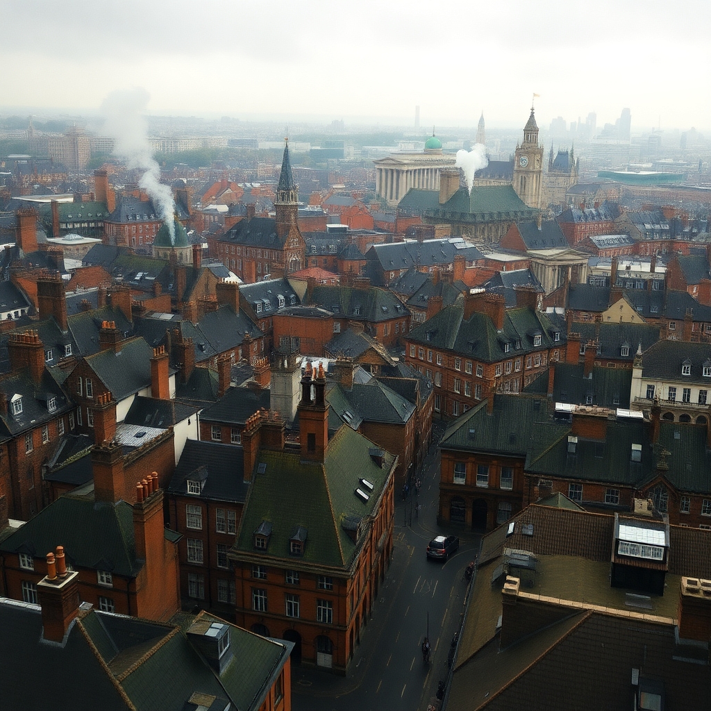 High aerial view of Victorian London. Whisps of smoke rising from chimneys. Rich colors. Rain. High detail.