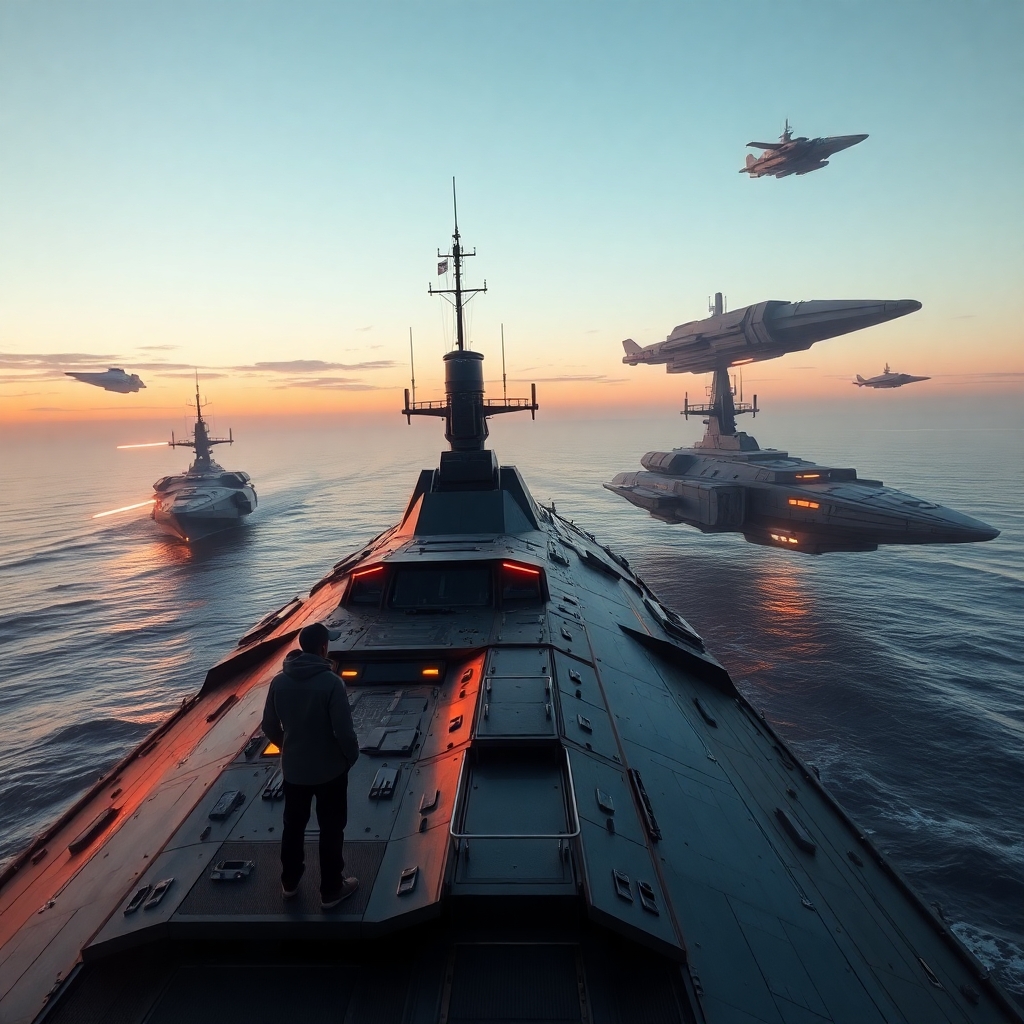 on the deck of a futuristic spaceship destroyer looking at other spaceships