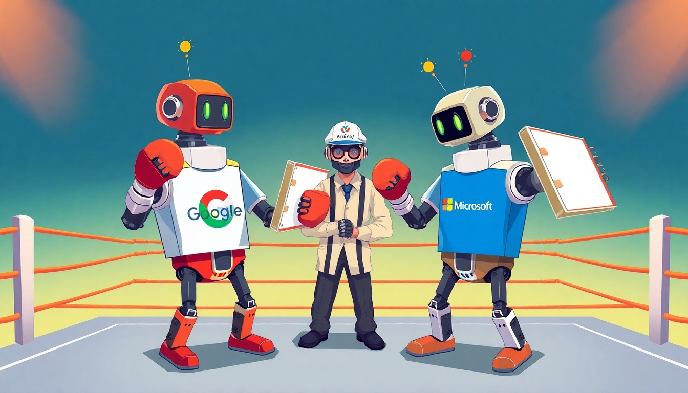 Illustrate a dynamic scene of Rockem Sockem robots in a boxing ring. One robot wears a Google t-shirt, the other wears a Microsoft t-shirt. Both robots wield notebook binders as weapons instead of using their fists. A third robot, acting as the referee, wears a Perplexity-branded hat. The setting is vibrant and playful, emphasizing a friendly competition between the two tech giants, with clear branding on the robots and the referee. The style should be engaging and suitable for a professional blog post about AI productivity tools.